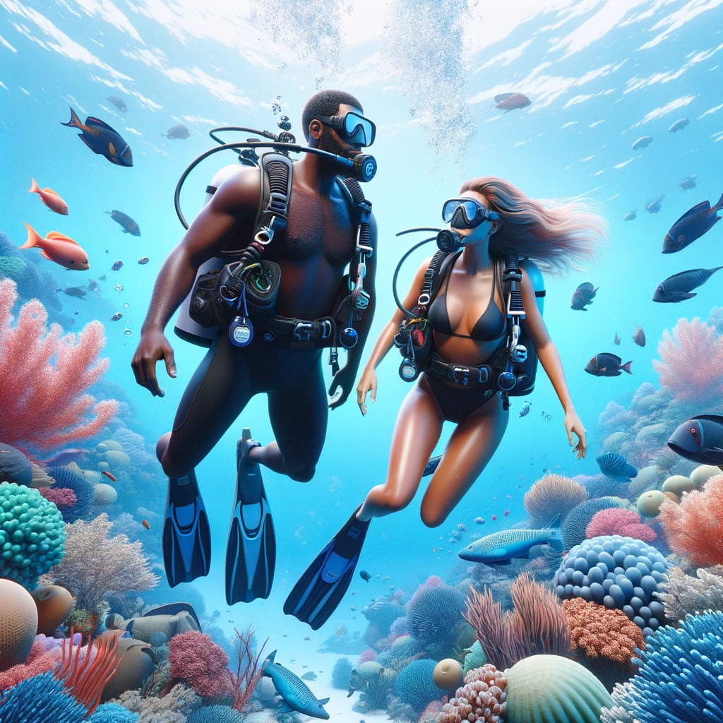 2 personnes portant des EPIs (détendeur et système respiratoire) sous l'eau en plongée sous marine